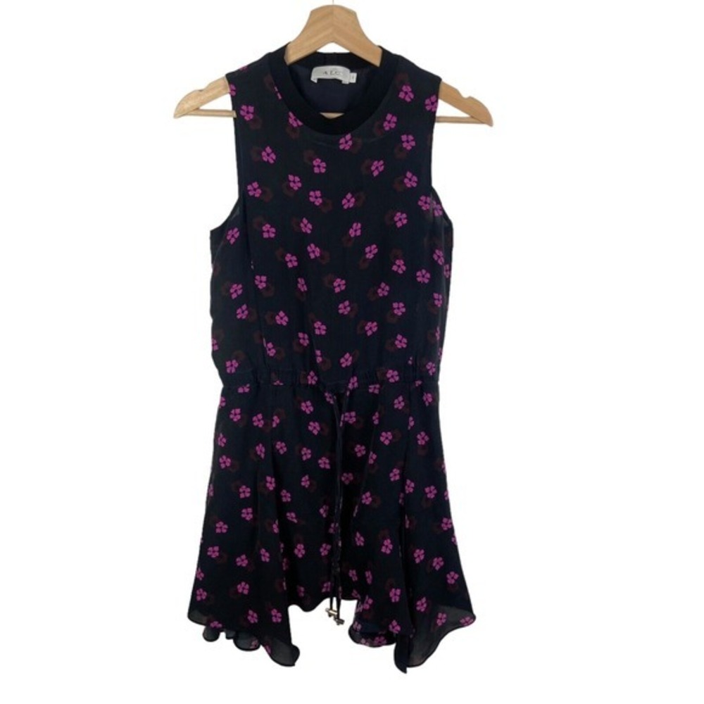 A.L.C. Liza silk floral mini dress waist tie lined‎ sleeveless black sz 2 small